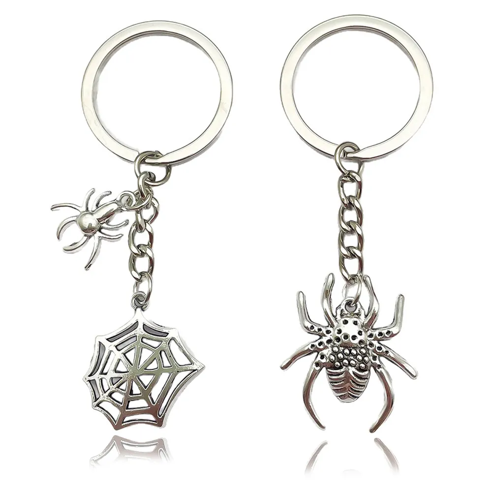 Creative Halloween Spider And Spiderweb Keychain Zinc Alloy Silver Metallic Bag Charm Backpack Keyring For Women Men Gift