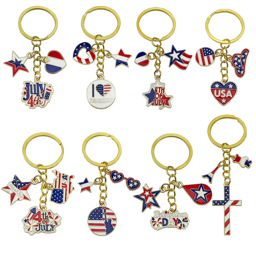USA Flag Star Heart Independence Day Keychain For Women Men July 4th Souvenir Zinc Alloy Enamel Rhinestone Patriotic Key Ring Gift