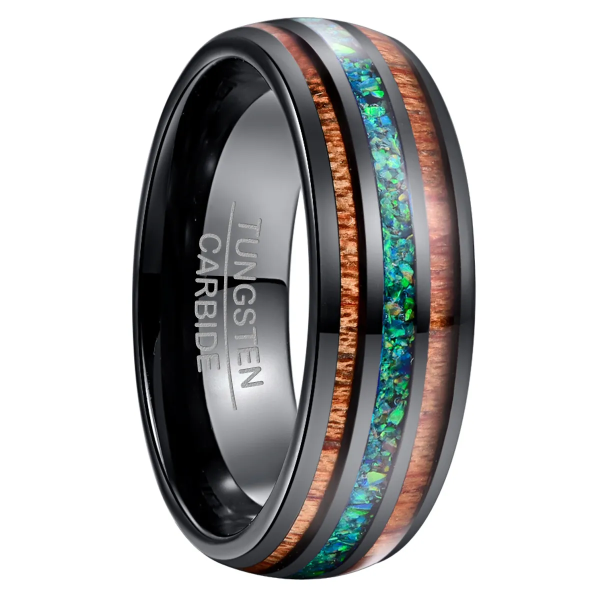 Anillo de Carburo de Tungsteno para Hombre Con Incrustaciones de Madera de Acacia y Ópalo Azul Verdoso 8mm Alianza Negra Pulida