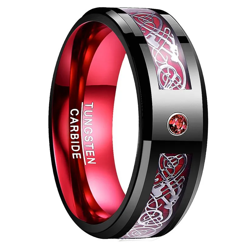 Anillo de Carburo de Tungsteno para Hombre 8mm Negro Rojo Incrustación de Fibra de Carbono Patrón de Dragón Plata Strass Rojo