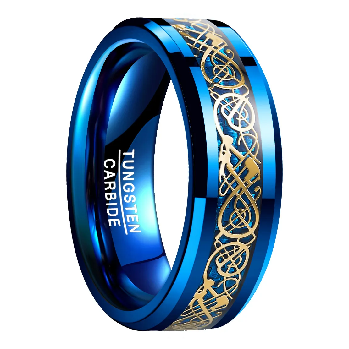 Anillo de Carburo de Tungsteno Azul Oro de 8mm para Hombre Incrustación de Patrón de Dragón Celta Joyería Vintage Alianza
