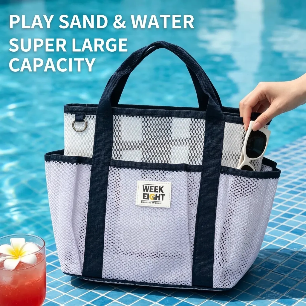 Sac de Plage en Maille Grande Capacité Sac de Rangement de Voyage Portable pour Piscine Sac de Toilette à Main Multifonctionnel pour Vacances Femmes Hommes