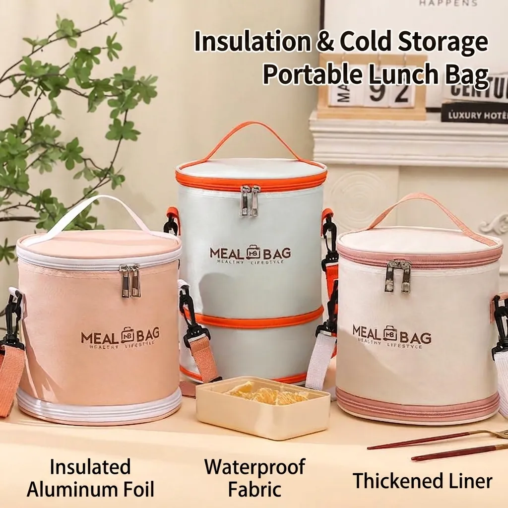 Insulated Round Square Expandable Lunch Bag Large Oxford Cloth Thermal Bento Pouch With Shoulder Strap For Office Picnic