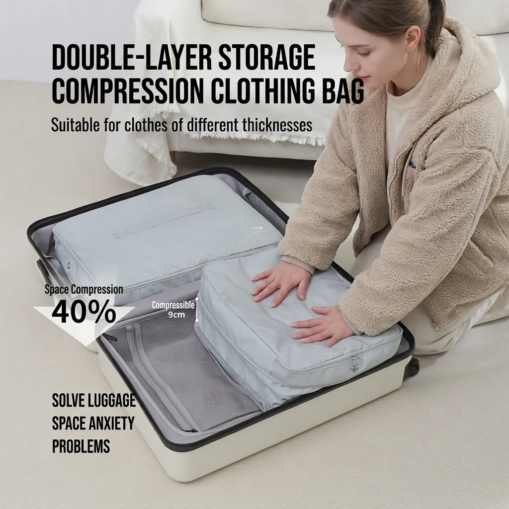 Waterproof Travel Compression Packing Cubes Double Layer Grid Fabric Clothes Storage Bag Luggage Organizer Portable Expandable Bags