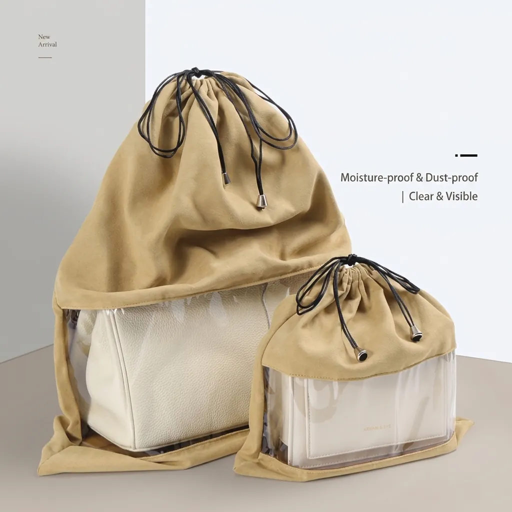 Transparent Window Velvet Drawstring Dust Bag For Luxury Handbags Shoes Storage Bag Moisture Proof Organizer Bag