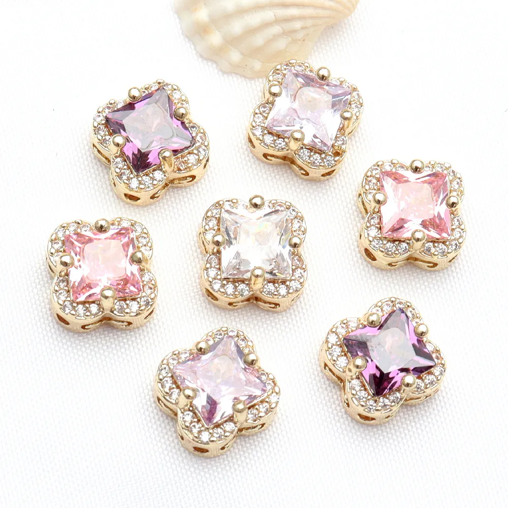 14K Gold Filled Micro Pave Zirconia Clover Spacer Beads DIY Jewelry Findings Accessories For Necklace Bracelet Making Women
