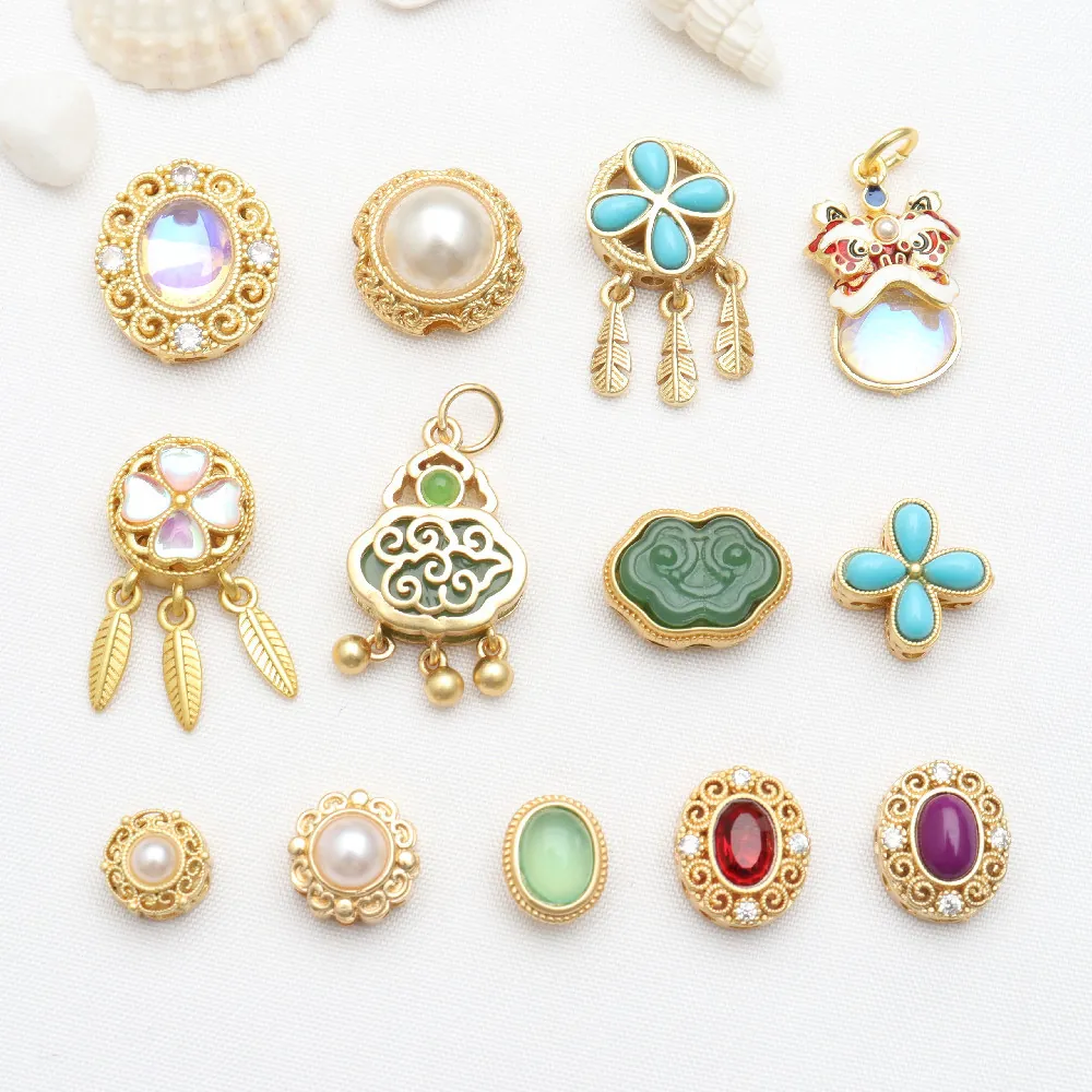 Antique Gold Copper Spacer Beads Chinese Style Lion Dance Ruyi Charms DIY Jewelry Making Accessories With Artificial Pearl Rhinestone