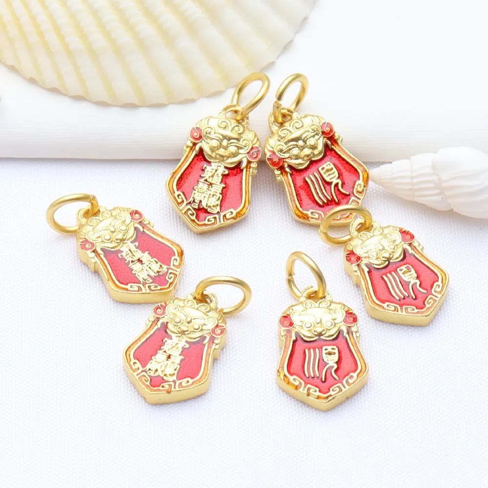 Traditionele Chinese Stijl Koperen Taisui Generaal Token Hangers Emaille Ambacht Rood Goud DIY Sieraden Accessoires