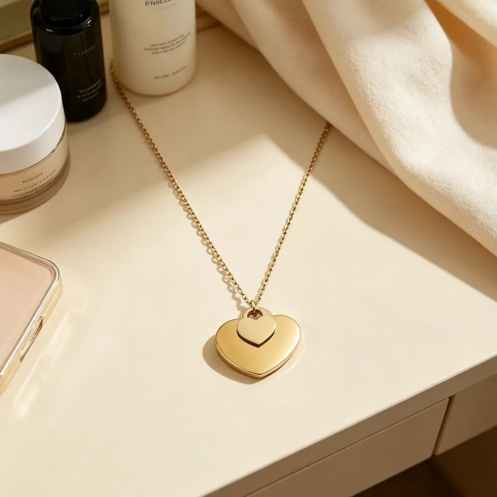 Mode Luxus Edelstahl Doppel Herz Anhänger Halskette Für Damen Spiegel Poliert Gold Schlüsselbein Kette Schmuck Geschenk