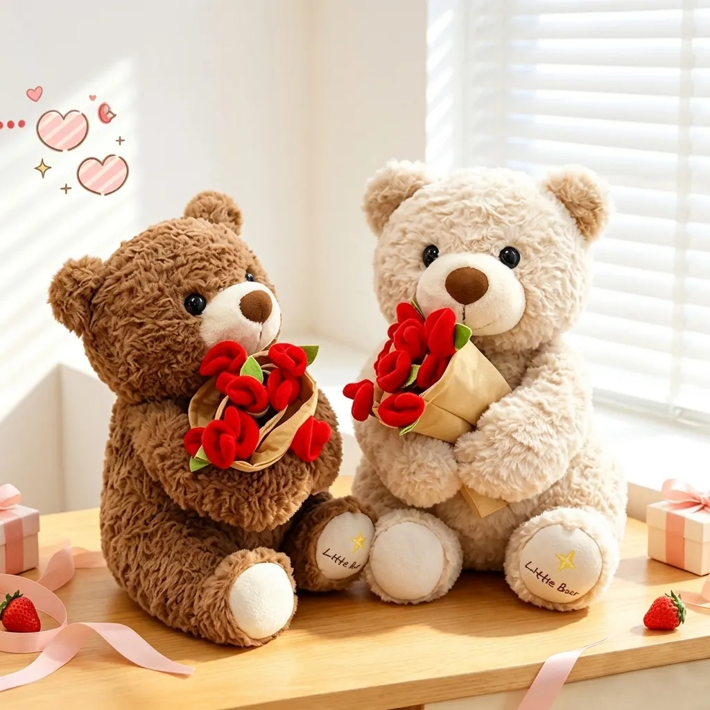 Plush Teddy Bear Holding Rose Flower Bouquet Stuffed Animal Toy Cute Soft Bear For Valentine's Day Gift For Women Girl