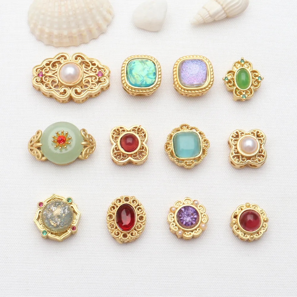 Copper Plated Gold Hollow Spacer Beads Rhinestone Artificial Pearl Inlaid DIY Jewelry Making Bracelet Necklace Accessories