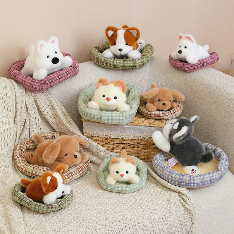 Realistic Puppy Plush Toy With Detachable Plaid Nest Dog Stuffed Animal For Home Car Decor Golden Retriever Corgi Husky Schnauzer Gift