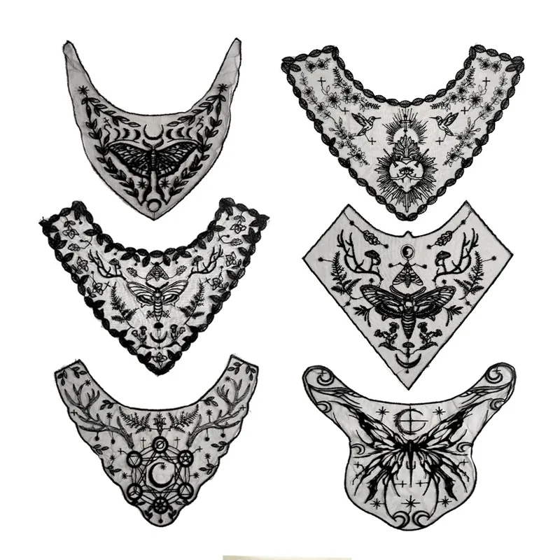 Gothic Schwarz Stickerei Spitze Falscher Kragen Für Damen DIY Nähen Zubehör Medusa Motte Heiliges Herz Muster Bestickt Netz Applikation