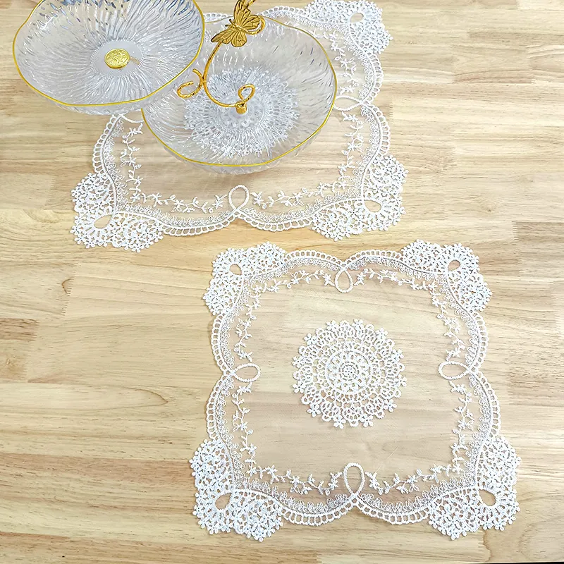 White Square Lace Tablecloth Embroidered Floral Hollow Out Decorative Mat For Coffee Table Vase Pad Dust Cover Polyester Home Decor