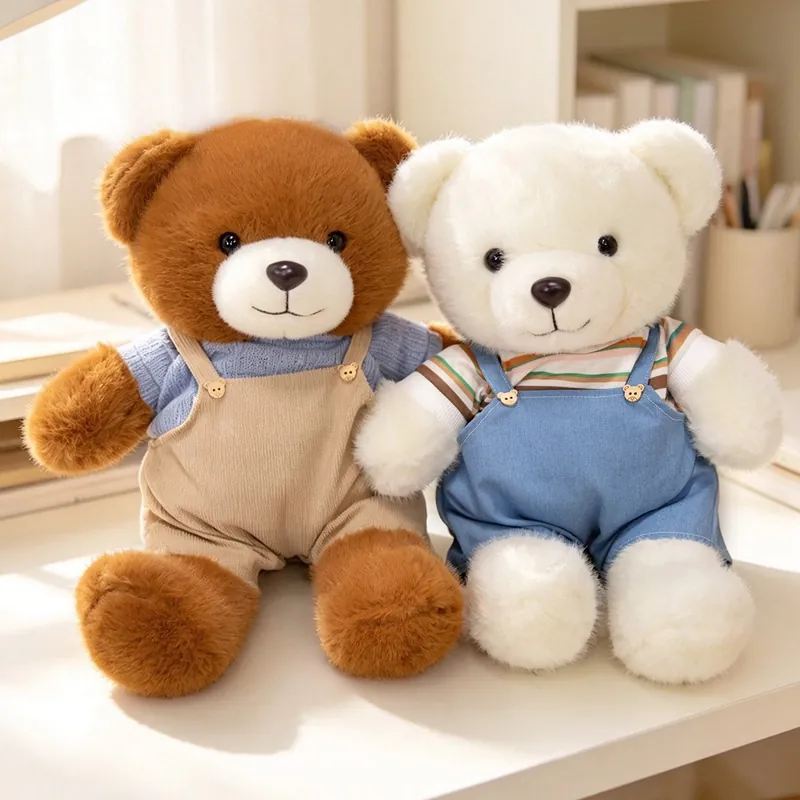 Cute Couple Teddy Bear Plush Toy Wearing Overalls Soft Stuffed Animal Home Decoration Gift For Valentine Birthday Wedding Party