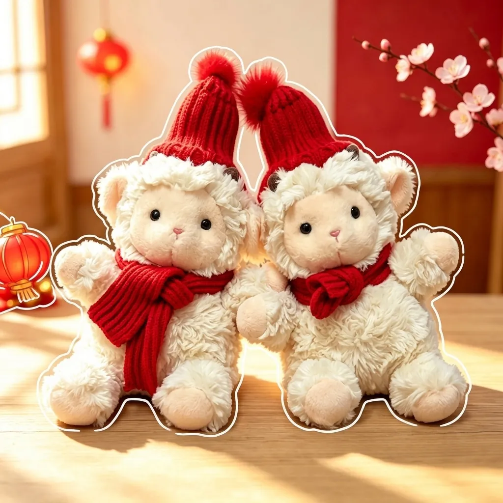 Lindo Peluche de Cordero Blanco Con Gorro y Bufanda de Punto Rojos Muñeco de Oveja Suave Regalo Cumpleaños Navidad