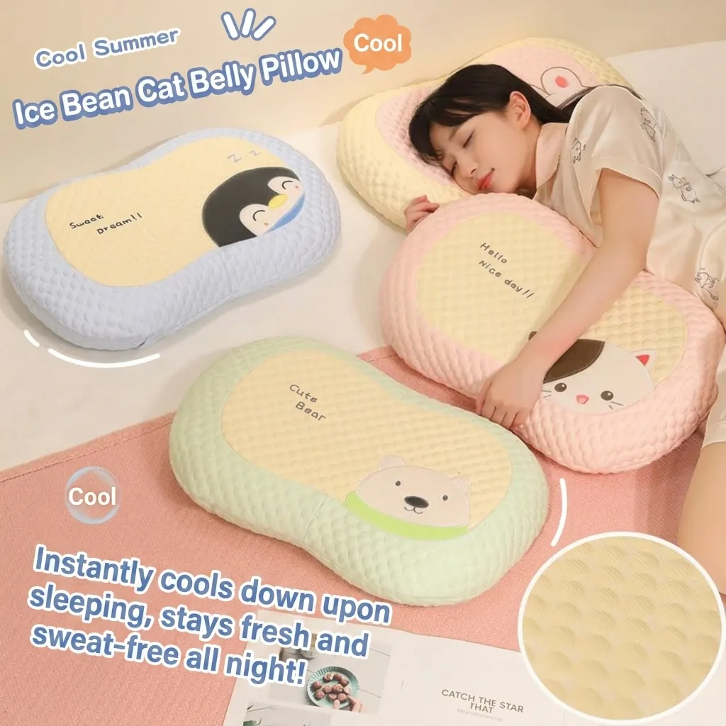 Summer Cooling Ice Bean Texture Memory Foam Neck Pillow Cartoon Animal Ergonomic Cat Belly Pillow For Office Nap Home Bedding