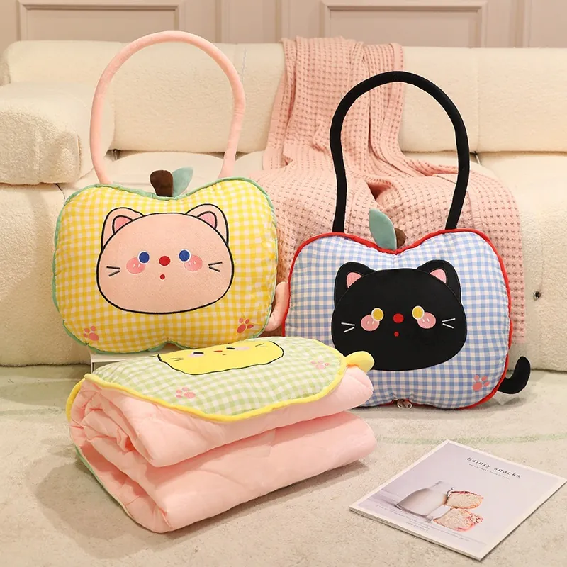 Multifunctional Cartoon Cat Apple Shape Pillow Blanket Combination Checkered Polyester Nap Quilt For Office Car Home Travel