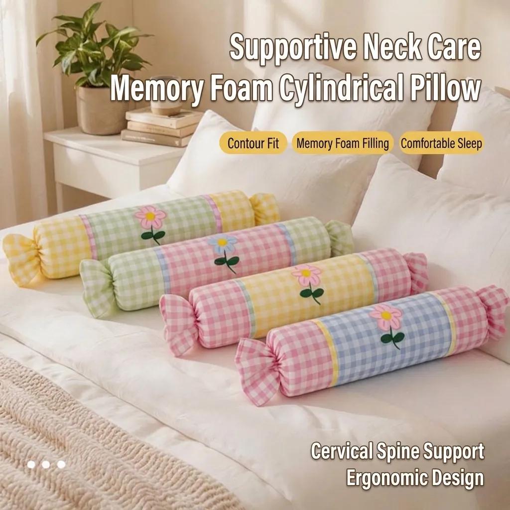 Almohada Cervical Cilíndrica Con Forma de Caramelo Con Relleno de Espuma Viscoelástica Patrón de Rejilla de Burbujas Bordado de Flores Decorativo Para Hogar