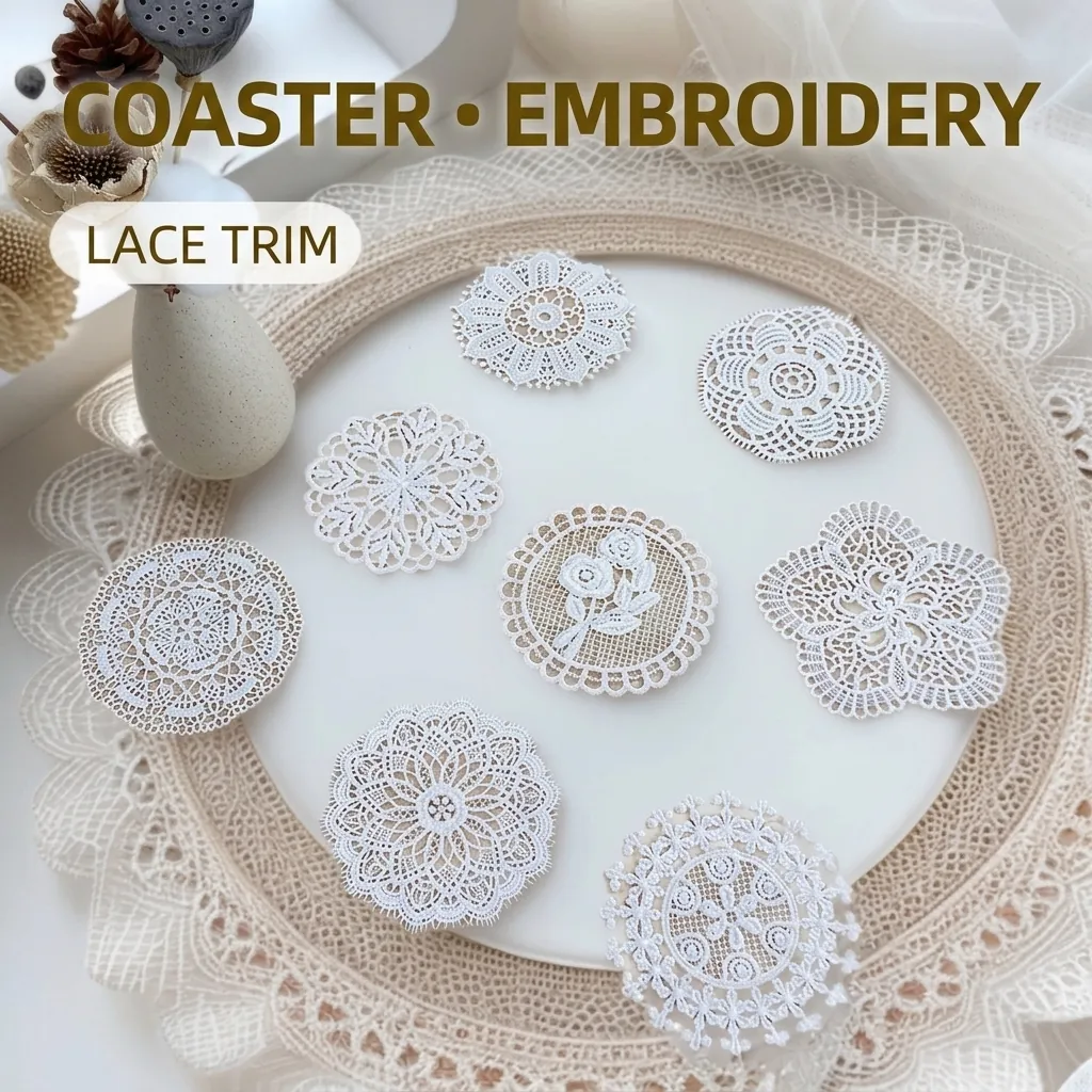 White Vintage Water Soluble Lace Coaster DIY Embroidery Patch Round Hollow Floral Decorative Lace Applique For Clothes Table Decor