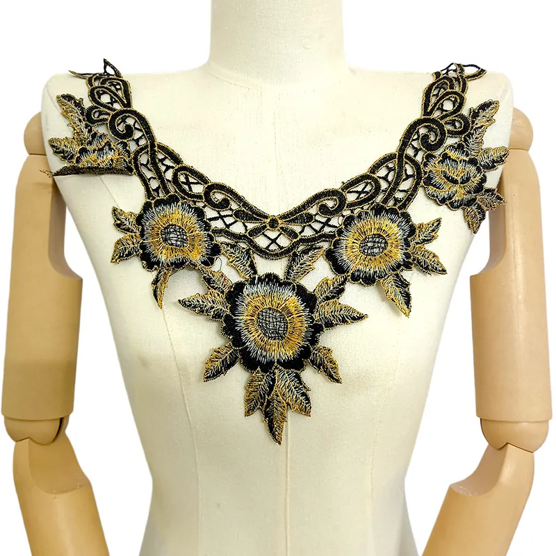 Heavy Embroidery Polyester Water Soluble Lace Fake Collar Floral Hollow Out Detachable Collar For Women DIY Clothing Accessory Black Gold