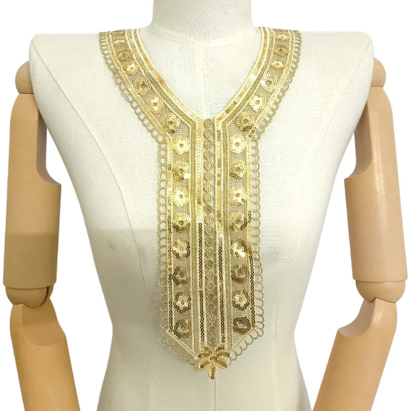Gold Pailletten Stickerei Spitze Falscher Kragen Hohl Blumig Ethno Brust Patch Polyester Bekleidungszubehör Nähen Applikation Damen Kleid