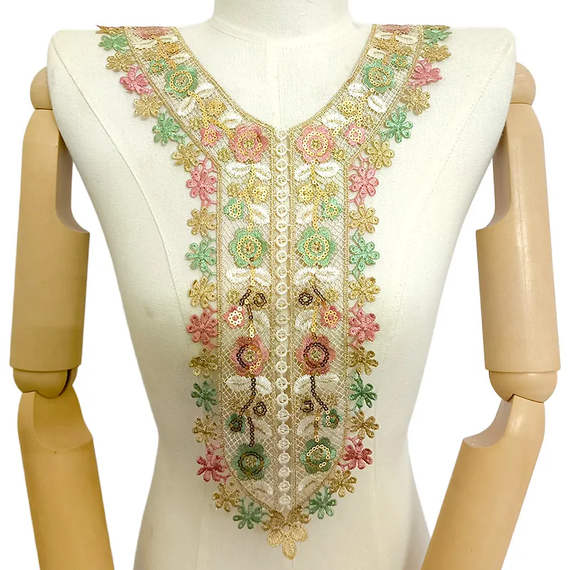 Ethnic Gold Thread Embroidered Sequin Lace Fake Collar Polyester Hollow Floral Applique For Dress DIY Garment Decoration Sewing Accessories