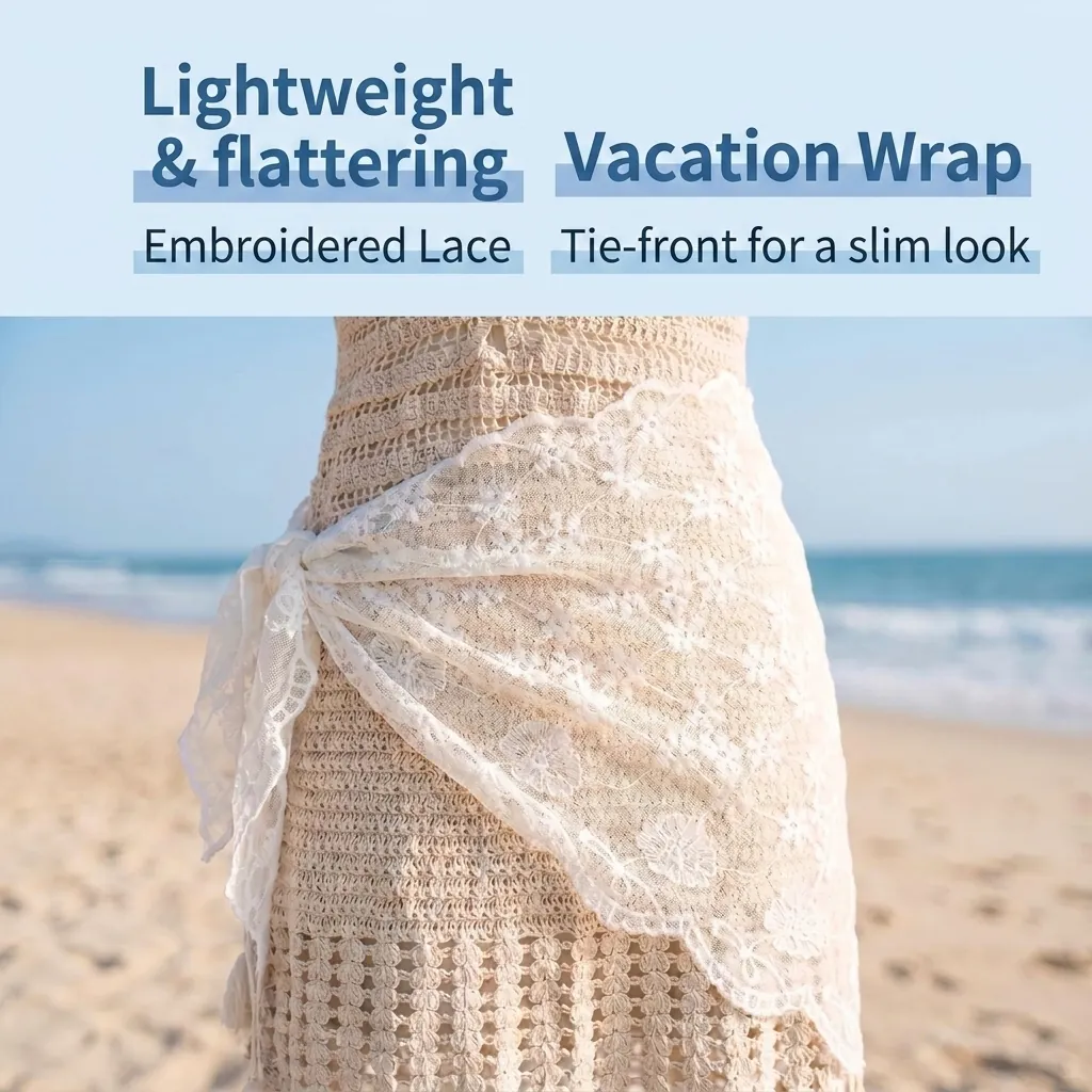 Dames Geborduurd Kant Mesh Tailledoek Vakantie Strand Bloemen Opengewerkt Strikband Pareo Mini Rok Cover Up Voor Vakantie