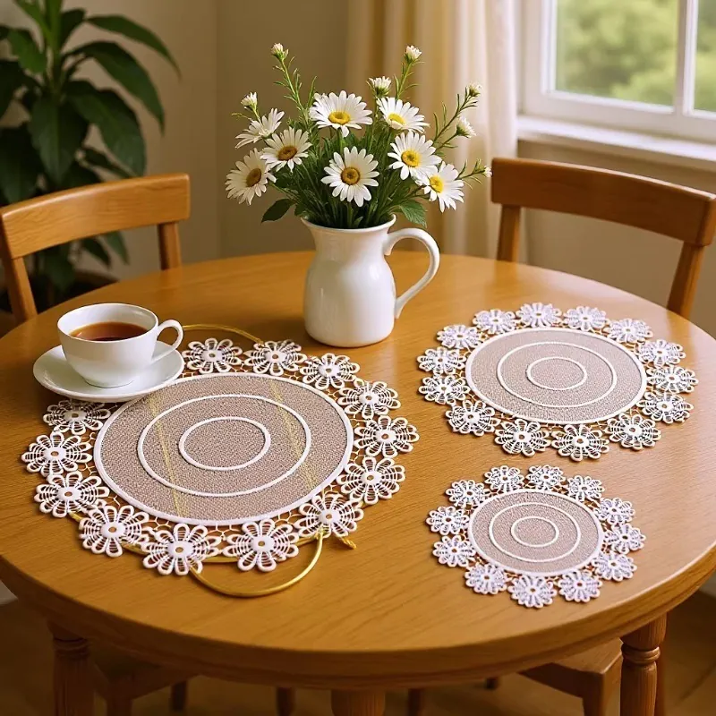 Vintage Round White Lace Embroidery Placemat Polyester Hollow Floral Crochet Coaster For Table Decoration Photography Props