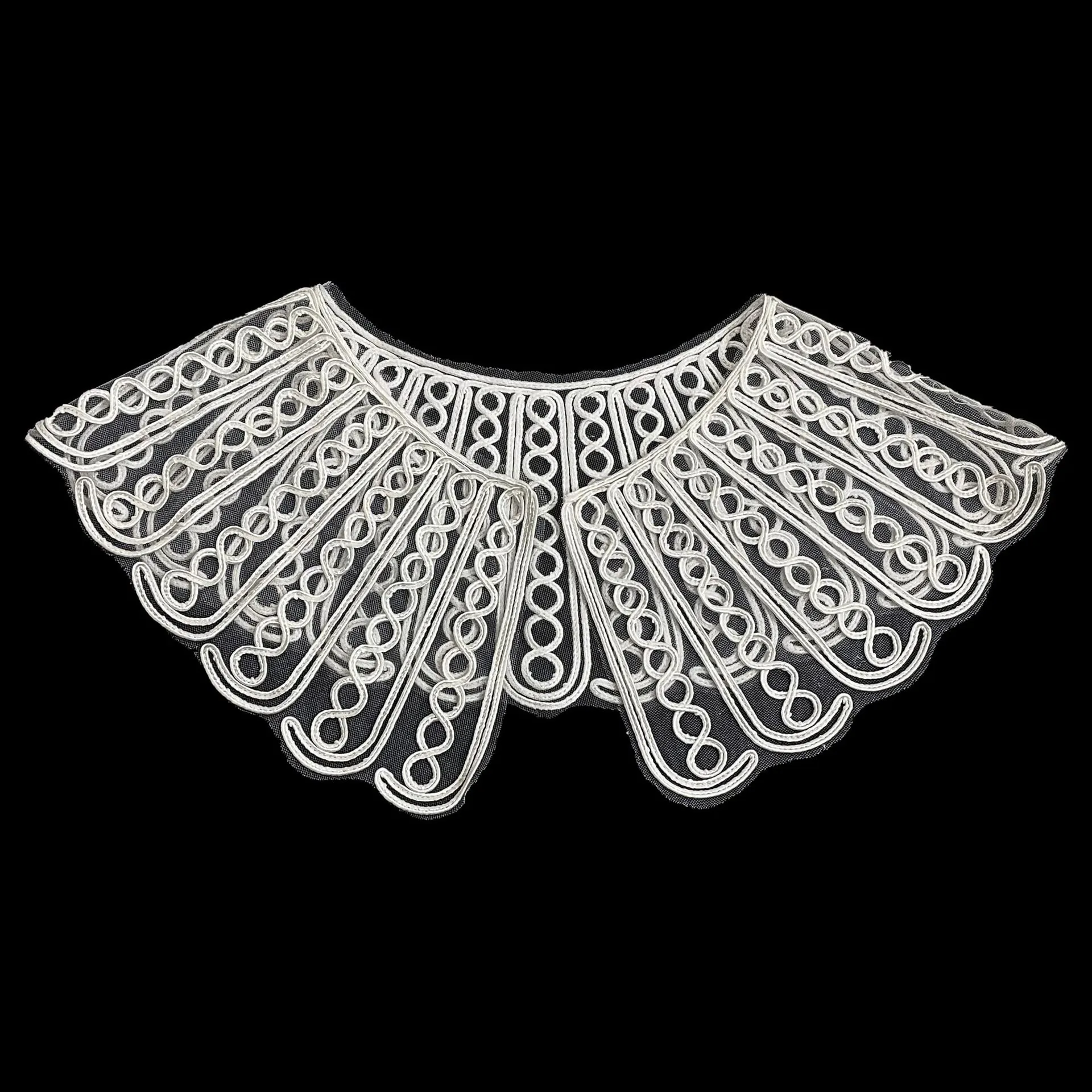 Women Elegant Large White Rope Embroidered Peter Pan Fake Collar Polyester Mesh Lace Neck Wrap Decorative Detachable Collar
