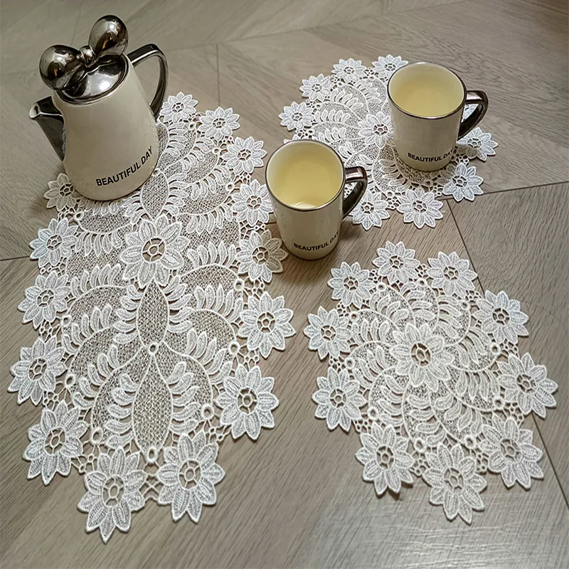 White Hollow Embroidery Lace Placemats Polyester Floral Tablecloth Coasters Heat Resistant Dustproof Table Decorations For Home