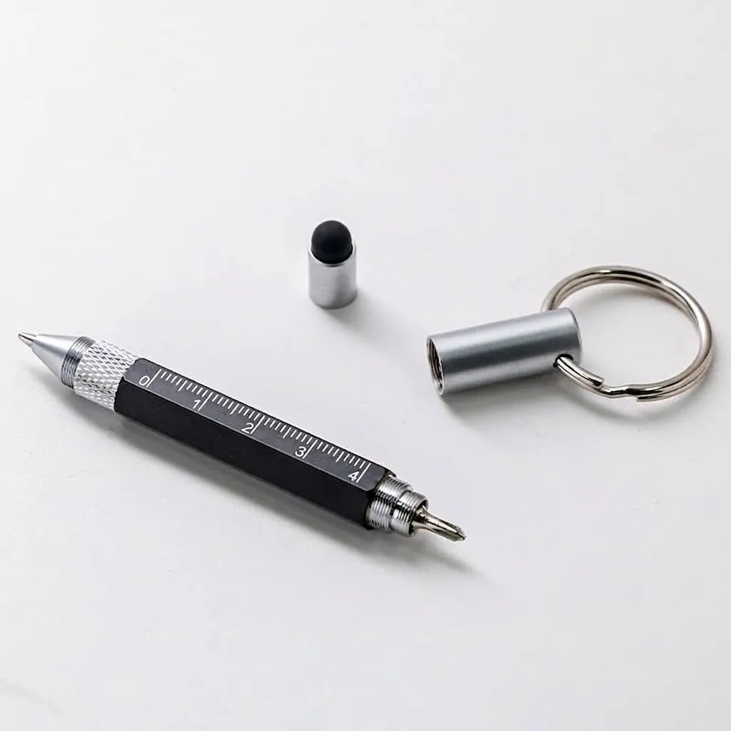 Portable Multifunctional Metal Tool Pen Keychain With Ruler Screwdriver Stylus Ballpoint Pen For Outdoor EDC Office Black