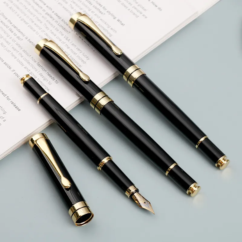 Business Metal Fountain Pen For Students Calligraphy Writing Classic Black Gold Trim Fine Nib Pen Office School Supplies