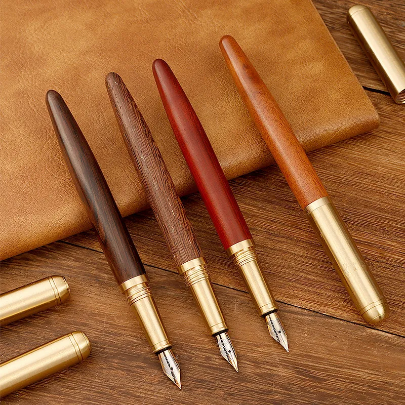 Vintage Sandalwood Brass Fountain Pen Professional Business Office Writing Calligraphy Gift Pen With Ink Converter
