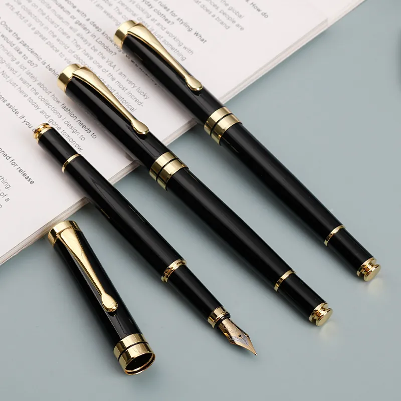 Pluma Estilográfica de Metal de Negocios Clásica Herramienta de Escritura Profesional Cuerpo Laca Negra Ribete Dorado Regalo