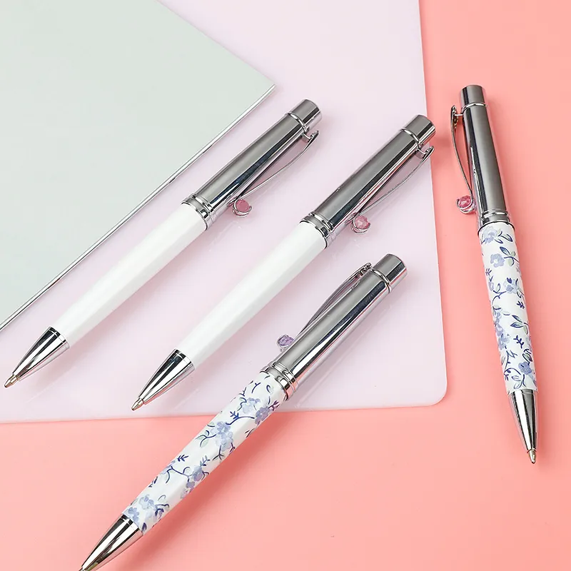 Elegant Metal Ballpoint Pen With Rhinestone Decoration Luxury Rotating Floral Pattern Writing Pen For Women Office School Gift