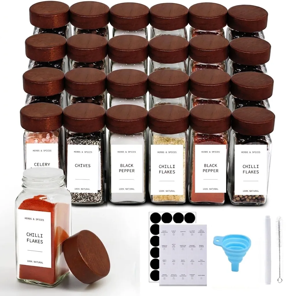 Acacia Wood Lid Glass Spice Jars Set Square Seasoning Bottles With Labels Funnel Brush For Kitchen Organization Storage