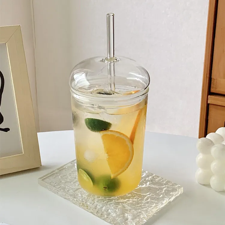 500ml Borosilicate Glass Straw Cup With Dome Lid Heat Resistant Clear Juice Milk Coffee Tumbler Nordic Style Round Drinking Glassware