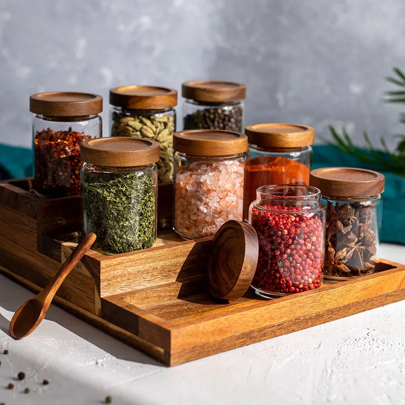 Glass Spice Jars With Acacia Wood Lid Clear High Borosilicate Glass Storage Bottles Herb Seasoning Jars For Kitchen Organization