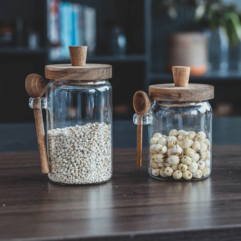 Acacia Wood Lid With Spoon Glass Seal Jar Kitchen Cereal Storage Container Airtight Glass Food Canister Sugar Bean Organizer