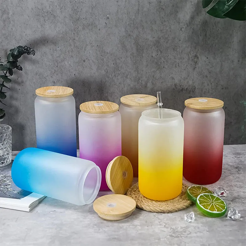 Sublimation Gradient Frosted Glass Cup With Bamboo Lid And Glass Straw Can Shaped Mason Jar For Cold Drinks Milk Water Cup