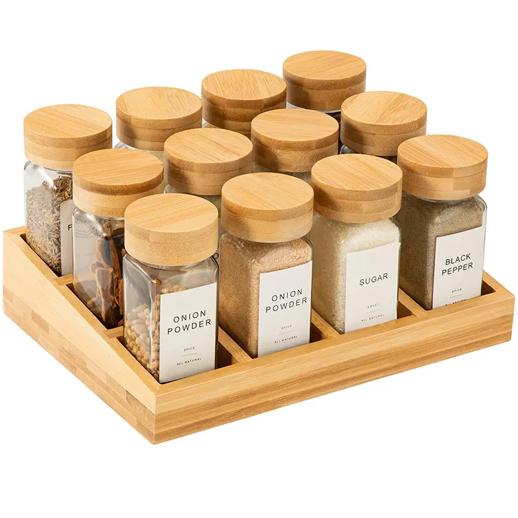 Modern Minimalist Square Glass Spice Jar Set With Airtight Bamboo Lids Transparent Seasoning Storage Bottle Kitchen Organizer For Pantry