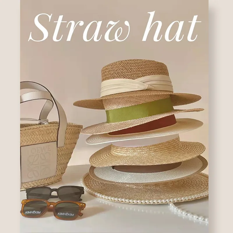 Women Summer Flat Top Straw Hat Breathable Wide Brim Sun Protection Beach Hat With Ribbon Decoration Fashion Woven Fedora Hat