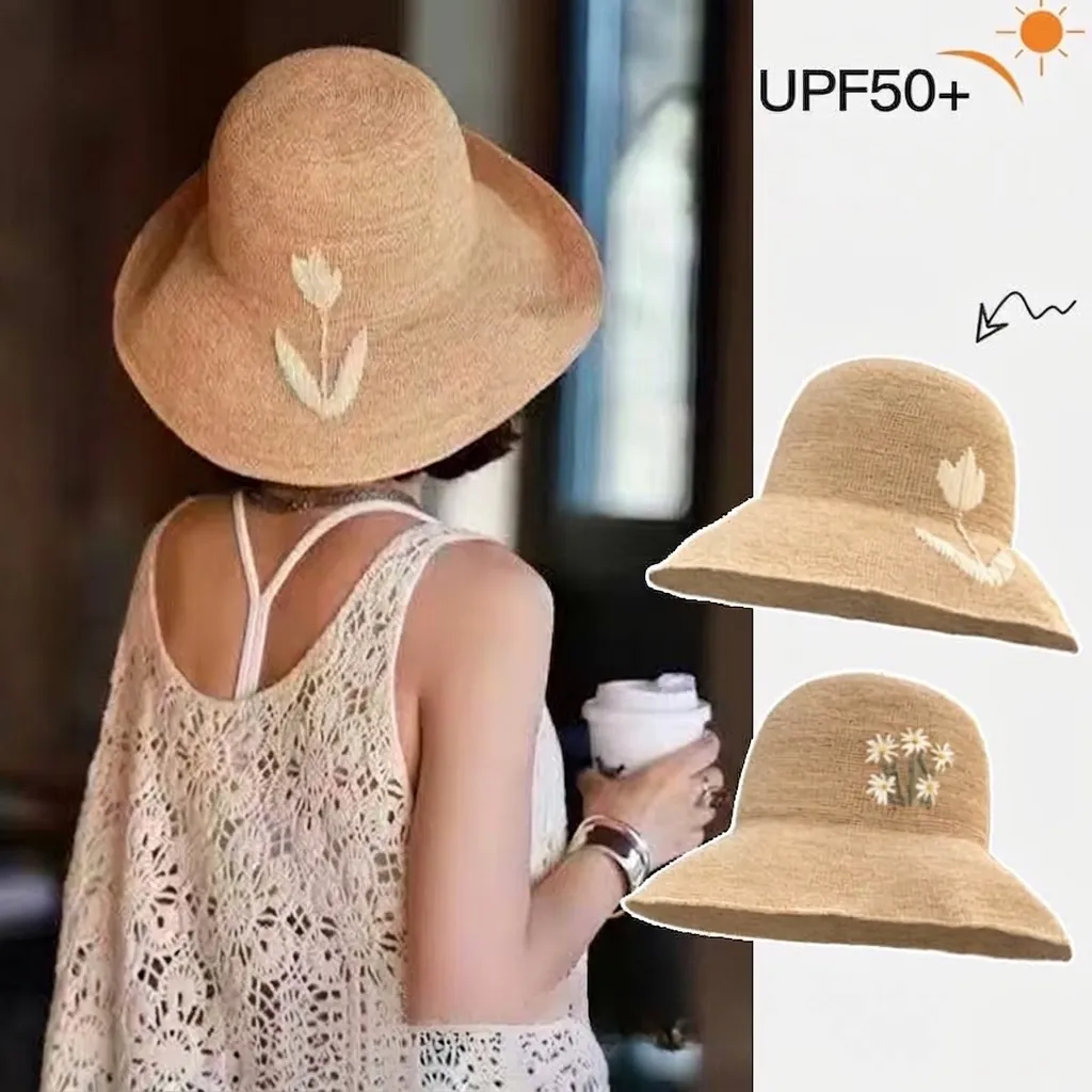 Handmade Raffia Sun Hat For Women Foldable Wide Brim Fisherman Bucket Hat With Flower Embroidery Summer Beach Vacation Hat