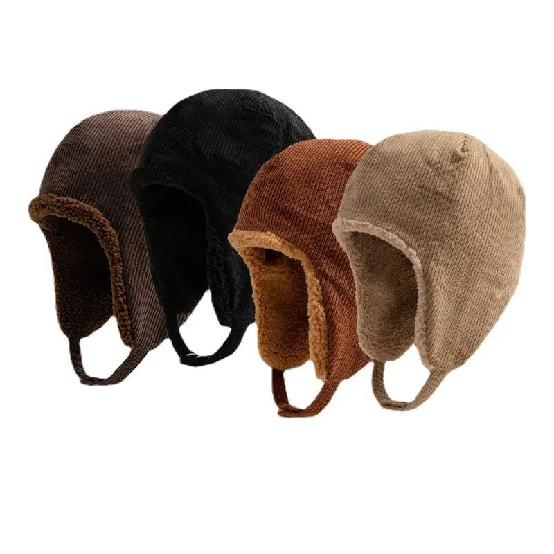 Winter Reversible Bomber Hat For Women Men Corduroy Lamb Wool Trapper Hat Windproof Ear Protection Thick Warm Plush Pilot Cap