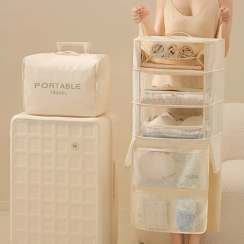 Portable Twill Foldable Hanging Closet Organizer Travel Packing Cubes Wardrobe Shelves Storage Bag Suitcase Accessories
