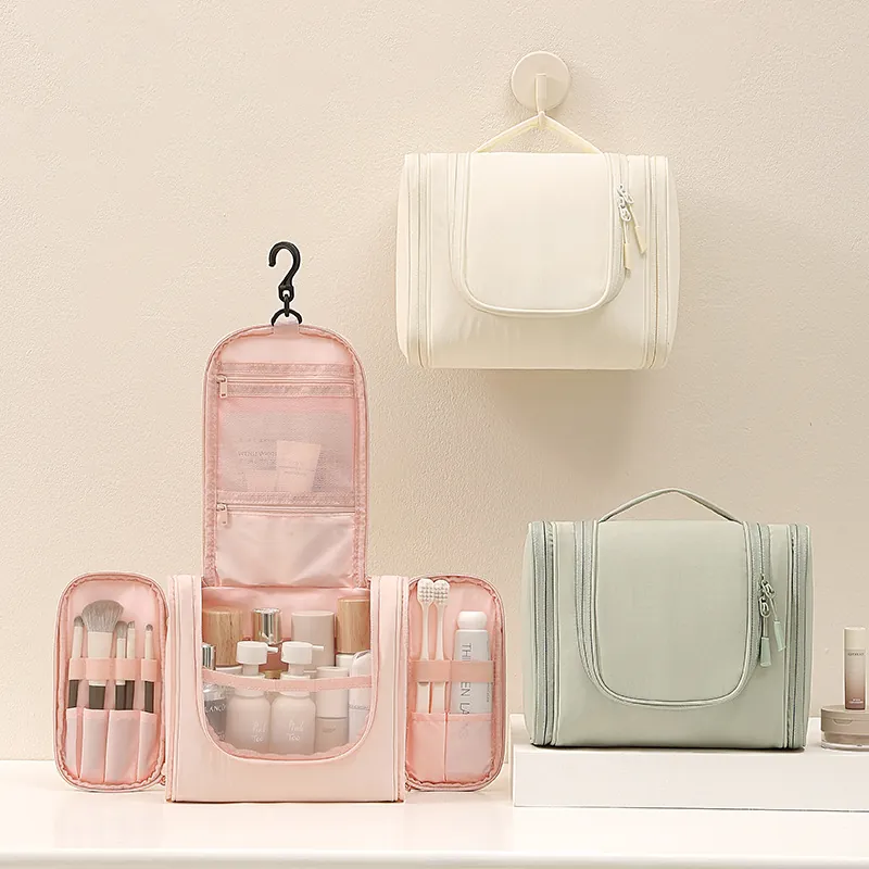 Große Kapazität Taslan Polyester Kulturbeutel Drei Reißverschlüsse Hängen Reise Make-up Organizer Tragbare Waschtasche