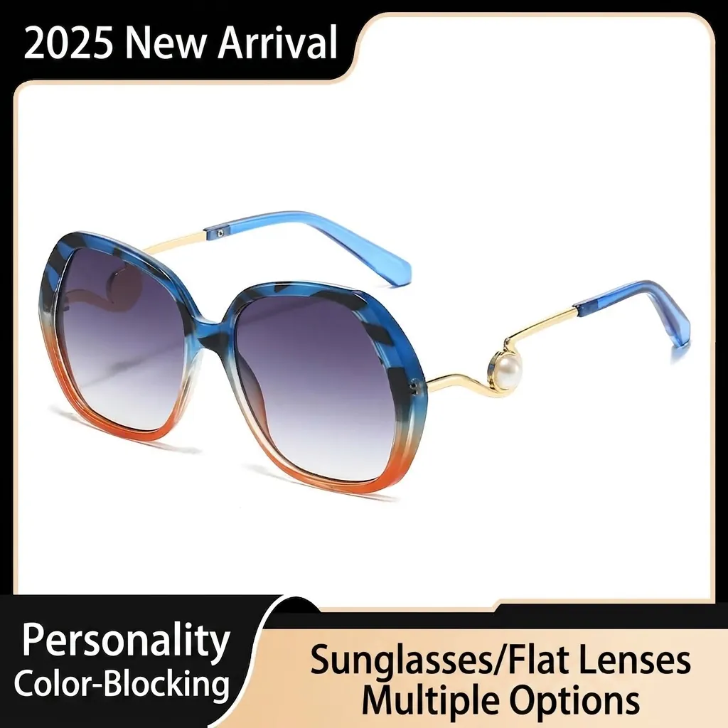 Mode Übergroße Quadratische Sonnenbrille Für Damen Luxus Metall Wellenförmige Bügel Mit Künstlicher Perle UV400 Farbverlauf PC Gläser Trendy Eyewear