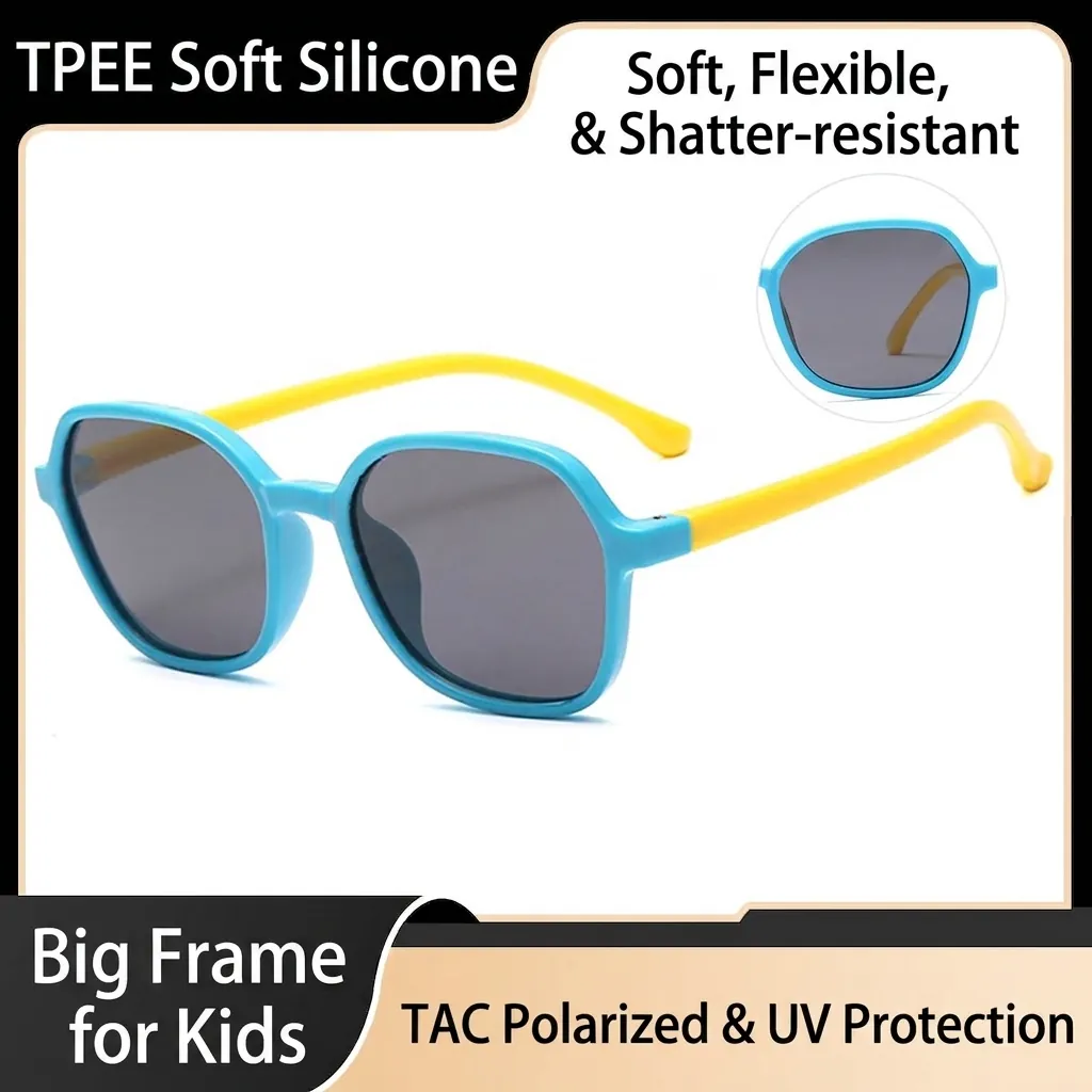 Kids Polarized Sunglasses TPEE Flexible Silicone Frame UV Protection Fashion Polygonal Large Square Eyewear Boys Girls Travel