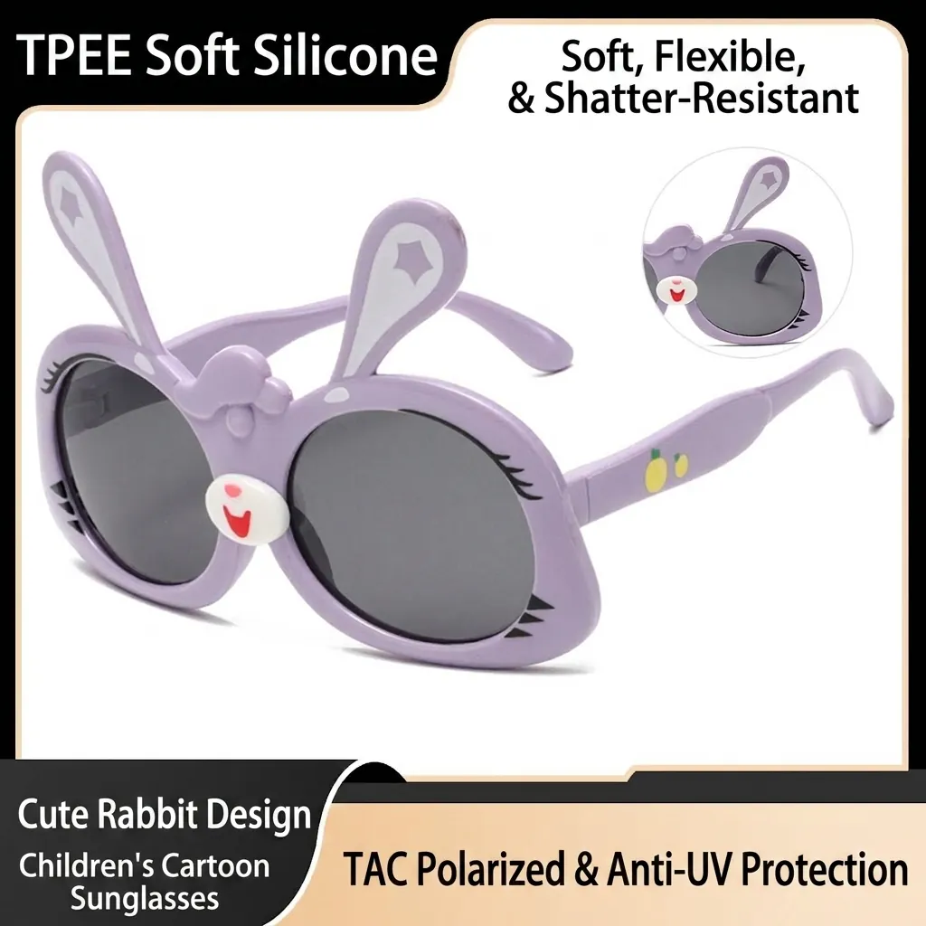Kids Cartoon Rabbit Ears Sunglasses TPEE Soft Flexible Polarized UV400 Sun Glasses For Children Girls Boys Outdoor Travel Cute Large Frame Bunny Eyewear